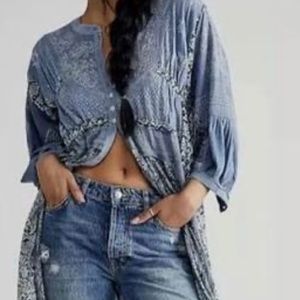 NWT FREE PEOPLE Oh My Mix Print Maxi Dress Duster, Indigo XS